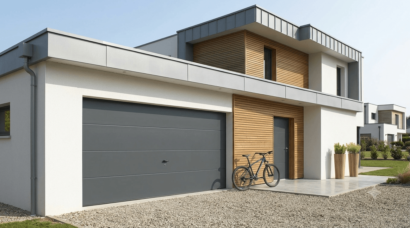 Porte de garage sectionnelle motorisée NOVOFERM posée sur une maison du Doubs près de Besançon — Fenêtres Bisontines