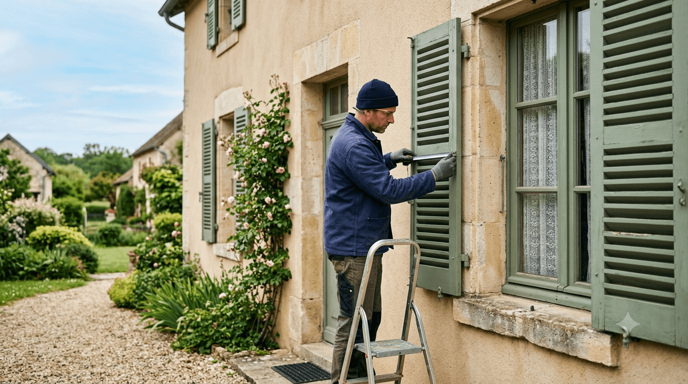 Artisan qui mesure un volet battant sur une façade de maison autour de Besançon dans le Doubs — Fenêtres Bisontines