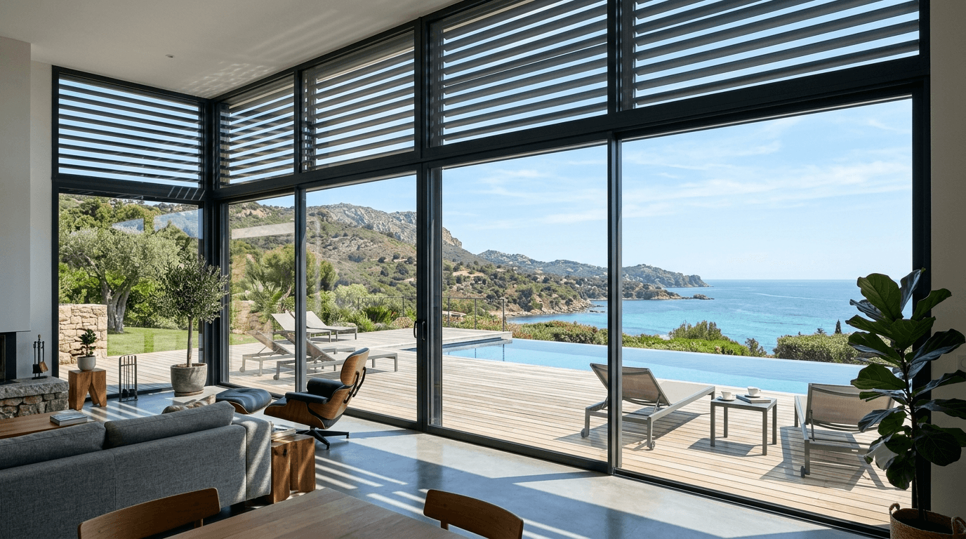 Baie vitrée protégée du soleil d'été par un brise-soleil orientable — Fenêtres Bisontines