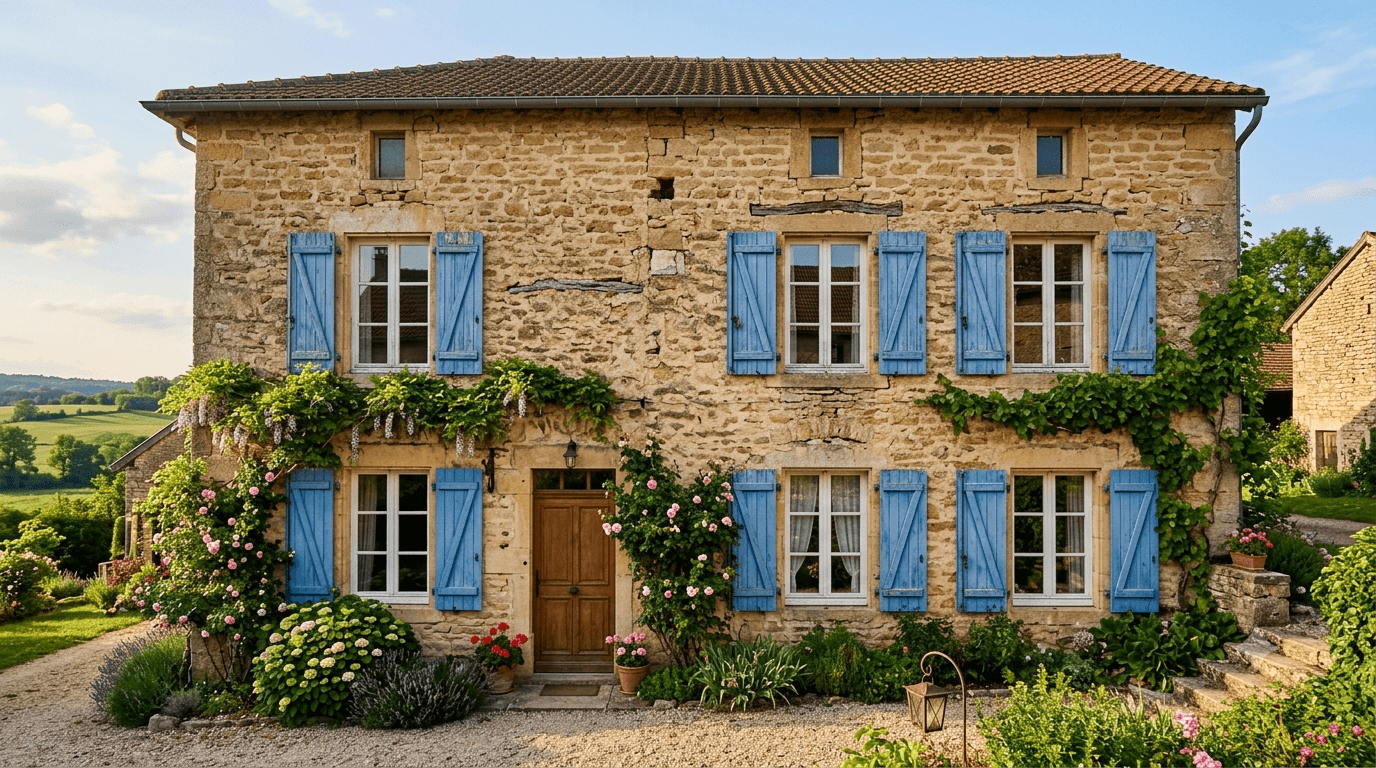Volets battant anciens sur une façade de maison autour de Besançon dans le Doubs — Fenêtres Bisontines